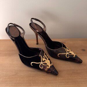 Baby Phat Brown Leather Pointy Toe Front Gold Logo Slingback Shoe Women's 8B Y2K